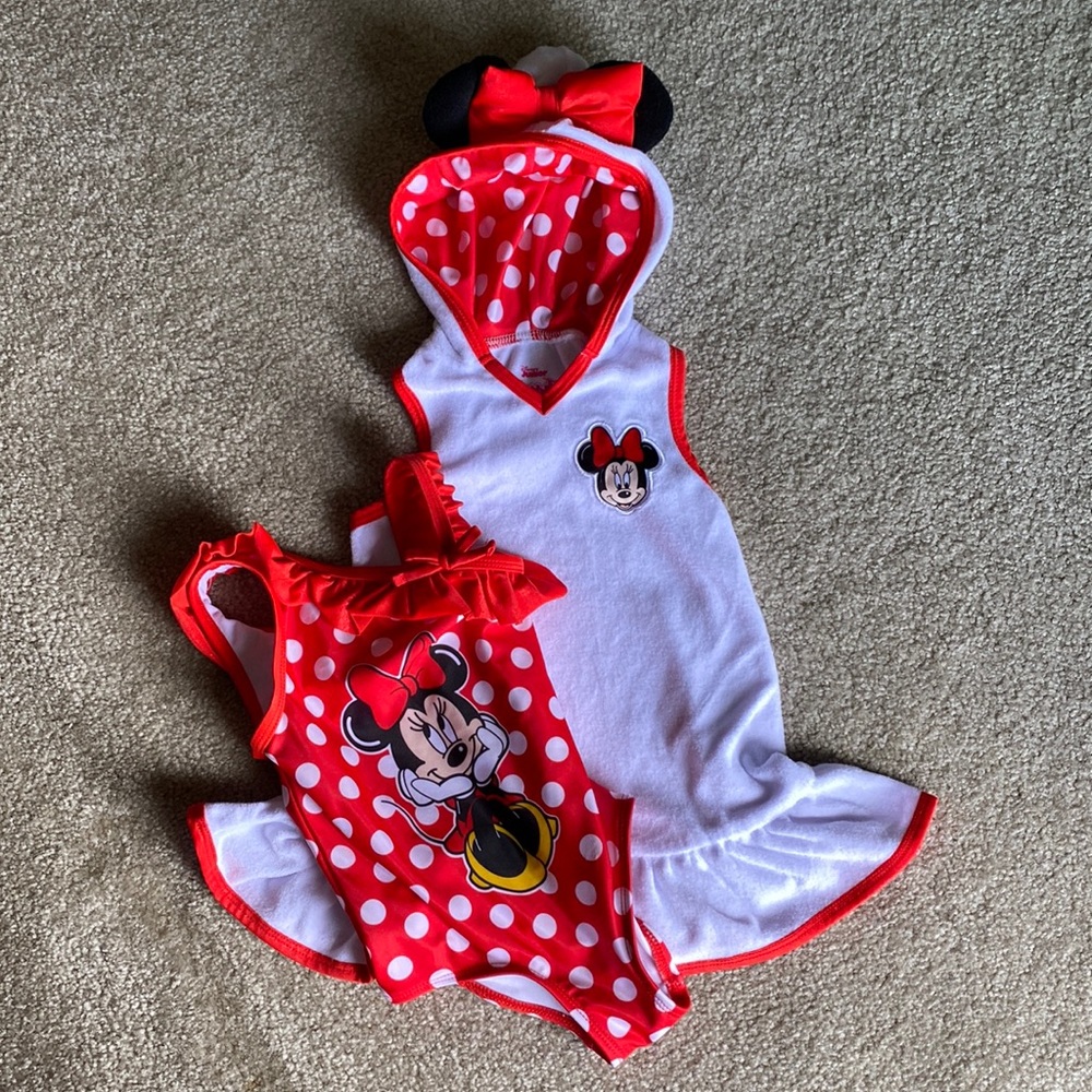 Toddler Minnie Mouse swimsuit and swim coverup